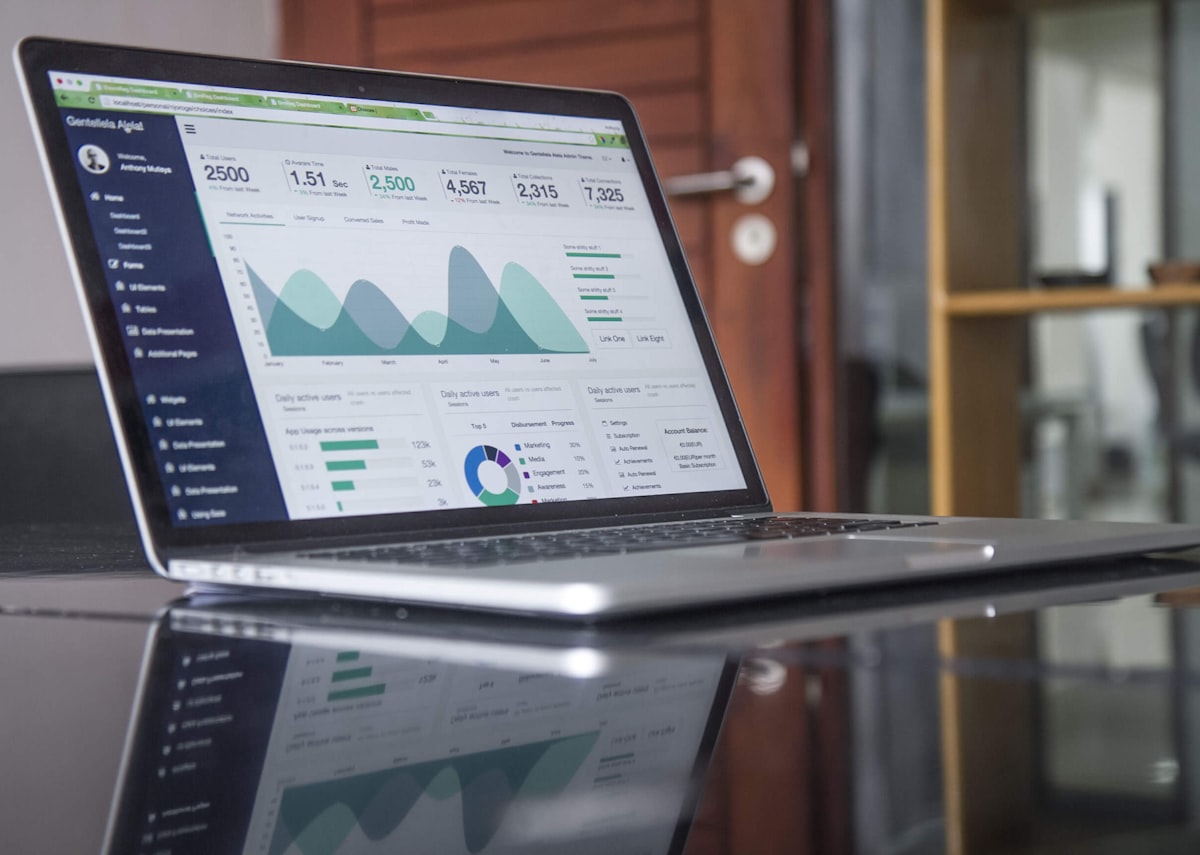 Laptop showing an analytics dashboard with charts