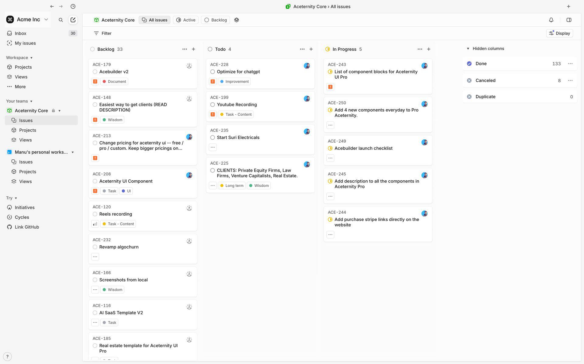 Product console screenshot