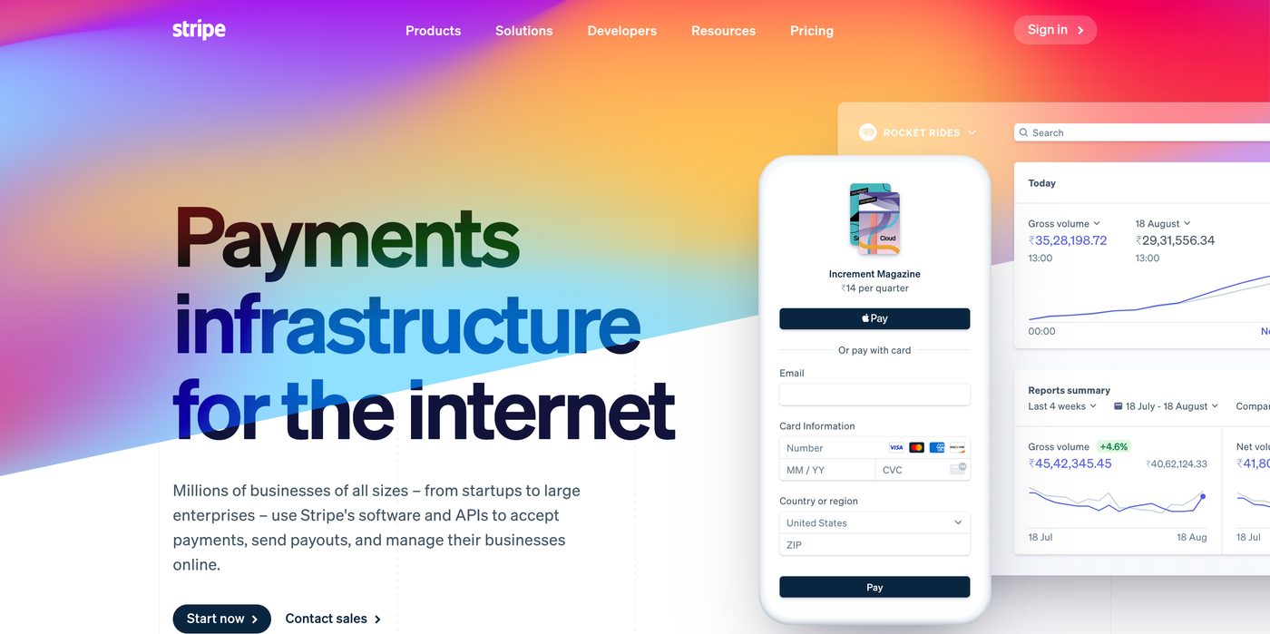 Stripe’s landing page, numbers first