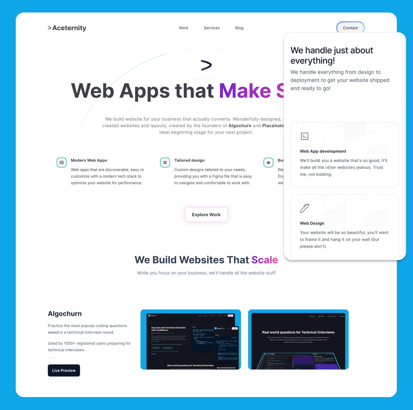 A landing page built by the studio, shown in a browser window