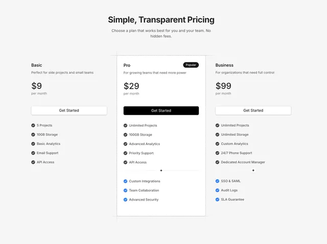 Plan comparison screen